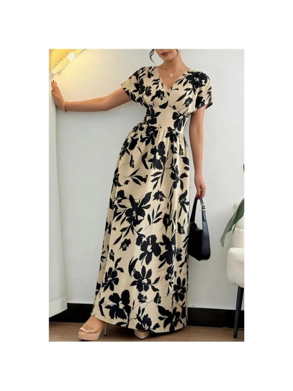 Floral Print Short Sleeve A-Line Maxi Dress